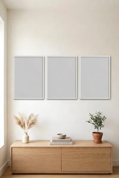 Salon duvarında ince doğal çam ahşap çerçeveli 3'lü tablo seti şablonu