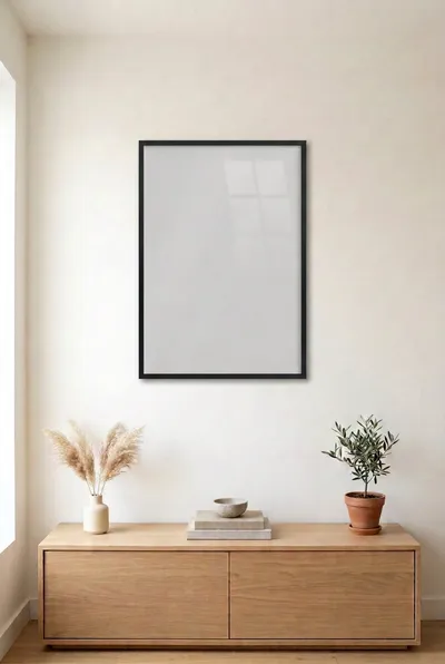 Duvarda ince siyah çerçeveli, önü şeffaf PET'li boş poster şablonu